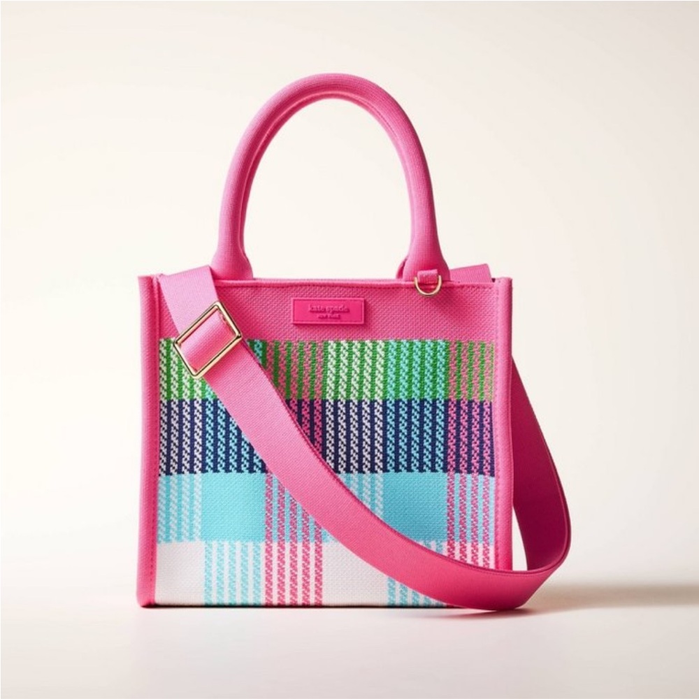 Kate Spade New York Pink Green Blue Plaid Knit Crossbody Bag